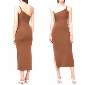 House of Harlow 1960 Midi Ribbed Knit Dress Asymmetric One Shoulder Brown SZ XL
